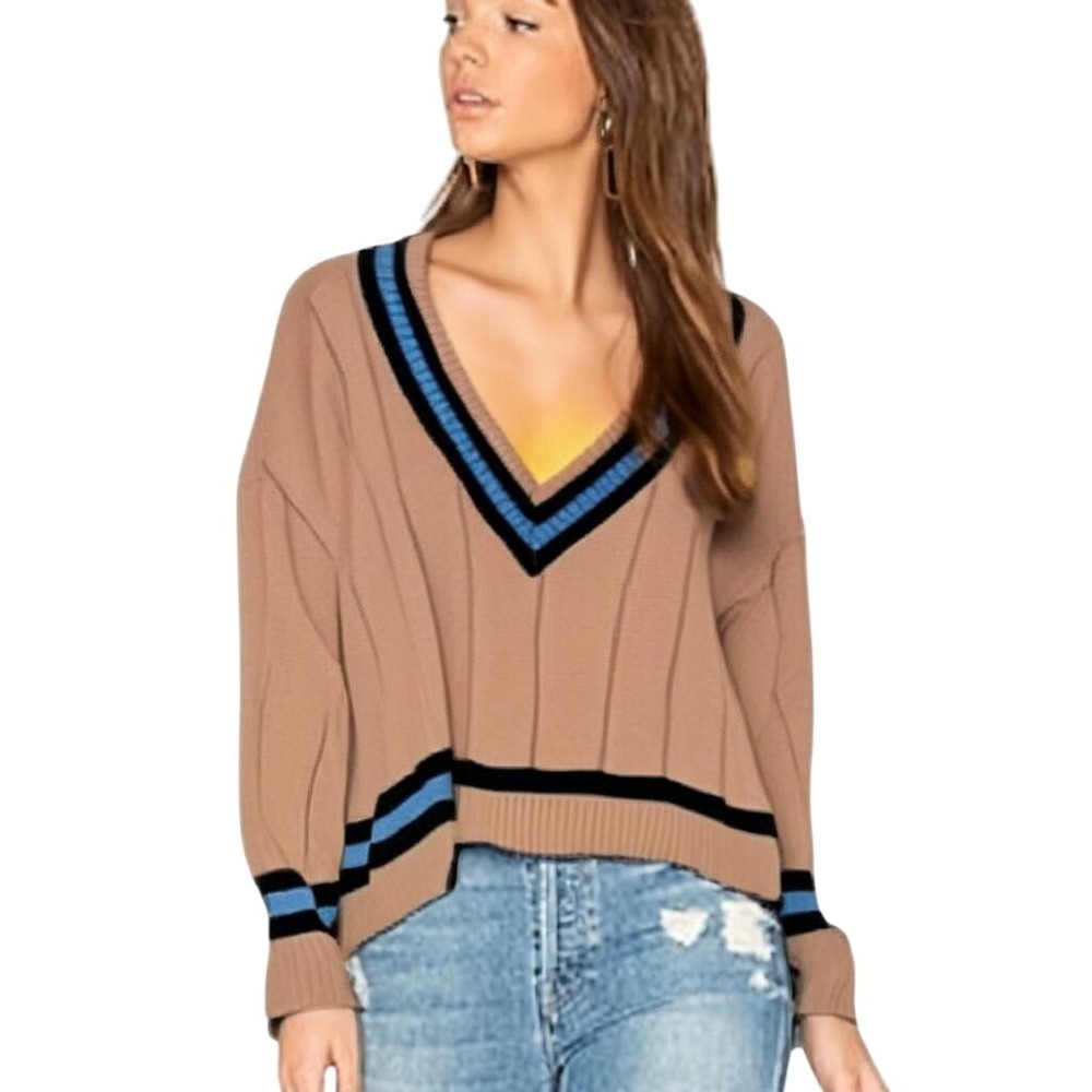 Balboa Tan V-Neck Cropped Knit Sweater Blue Black Striped Top Small NWT